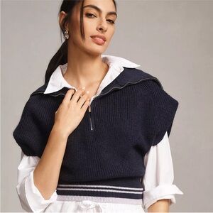 Anthropologie Maeve V-Neck Zippered Sleeveless Sweater / Sweater Vest Navy